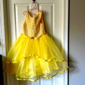 Kids’s dress, yellow color, three layers, net, satin layers, size -12